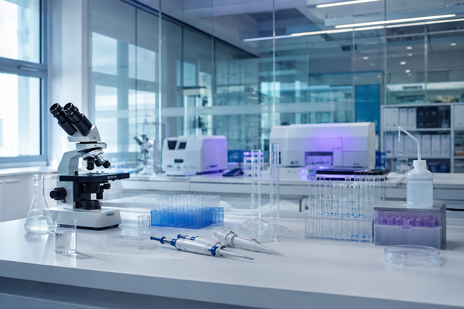 Illustration of a modern biotechnology laboratory with microscopy and sample preparation equipment